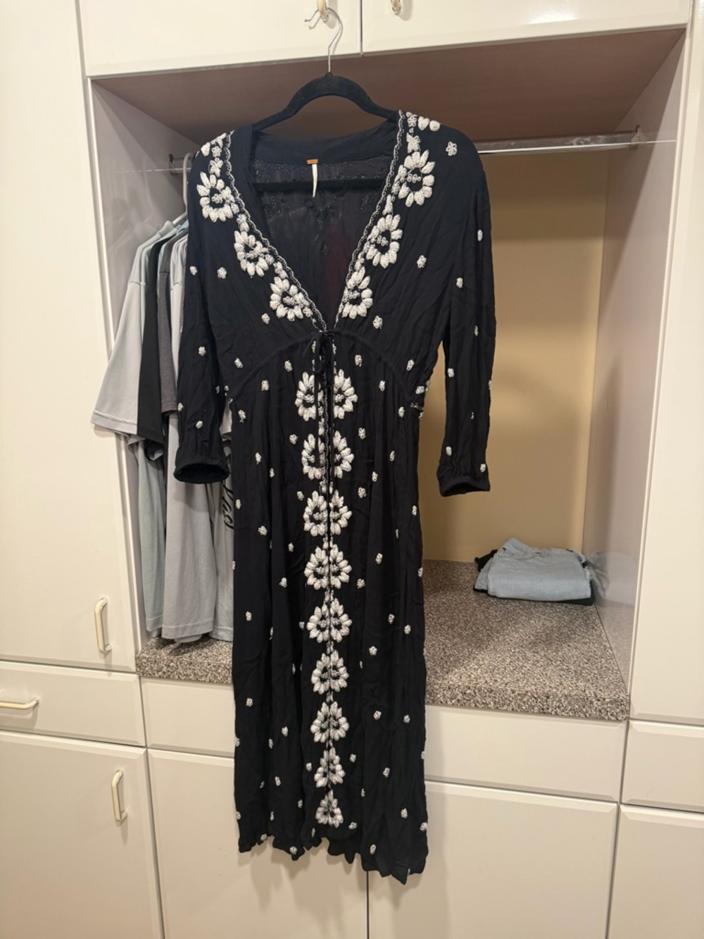 Free People Black Maxi Dress with White Floral Embroidery